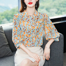 批发实拍雪纺<b class='q'>衬衫</b>女<b class='q'>衬衣</b>2026春夏季新款七分袖桑蚕丝上衣高档洋气小衫