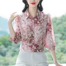批发实拍雪纺<b class='q'>衬衫</b>女妈妈<b class='q'>衬衣</b>2026春夏季新款七分袖桑蚕丝上衣洋气小衫