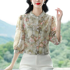 批发实拍雪纺<b class='q'>衬衫</b>女<b class='q'>衬衣</b>2026春夏季新款七分袖桑蚕丝上衣高档洋气小衫