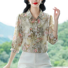 批发实拍雪纺<b class='q'>衬衫</b>女妈妈<b class='q'>衬衣</b>2026春夏季新款七分袖桑蚕丝上衣洋气小衫