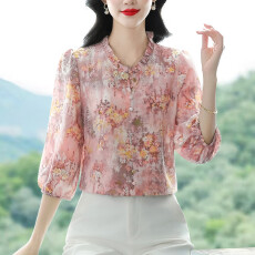 实拍雪纺衬衫新款复古港味气质桑蚕丝上衣女士百搭小衫宽松遮肚子