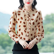 批发实拍春秋季新款木耳领桑蚕丝立领上衣真丝衬衫女高端妈妈打底衬衣