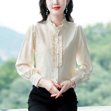 批发实拍春秋季新款木耳领桑蚕丝立领上衣<b class='q'>真丝</b><b class='q'>衬衫</b>女高端妈妈打底<b class='q'>衬衣</b>