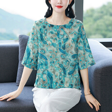 批发实拍 春夏中年妈妈夏装洋气真丝<b class='q'>上衣</b><b class='q'>桑蚕丝</b>小衫中老年女装宽松T恤