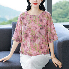 实拍 春夏中年妈妈夏装洋气真丝上衣桑蚕丝小衫中老年女装宽松T恤