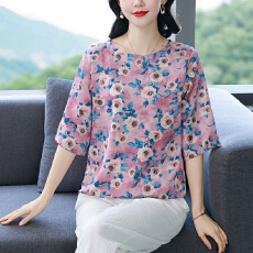 批发实拍 春夏中年妈妈夏装洋气真丝上衣桑蚕丝小衫<b class='q'>中老年女装</b>宽松T恤