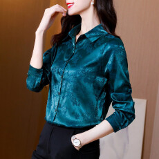 批发实拍 中年妈妈春装洋气真丝衬衫女<b class='q'>长袖</b>上衣质感提花缎面女士衬衣