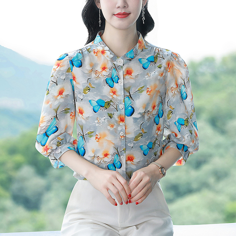 실사 쉬폰 여성 셔츠 셔츠 2026 봄 여름 새로운 7부 소매 뽕나무 누에 실크 맨위 고급 외국 가스 작은 셔츠