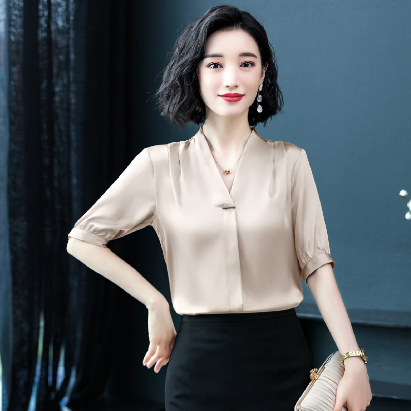 실사 무거운 실크 여성 셔츠 2026 여름 새로운 디자인 센스 작은 대중 외국 가스 뽕나무 누에 실크 셔츠 반팔