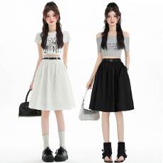 批发<b class='q'>实拍</b>2026夏季新品简约复古腰装饰中腰褶皱廓形伞裙中长款半身裙