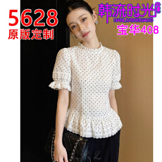 批发夏季圆领洋气白色蕾丝花边波点短袖<b class='q'>衬衫</b>女新款法式泡泡袖上衣