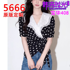 批发2026时尚荷叶边V领波点系带<b class='q'>衬衫</b>女洋气百搭正肩极简上衣