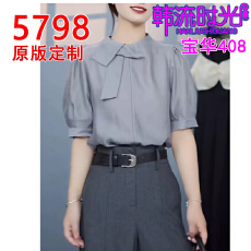 批发时尚高级感蝴蝶结短袖<b class='q'>衬衫</b>灰色上衣女夏新款宽松显瘦洋气减龄<b class='q'>t</b><b class='q'>恤</b>