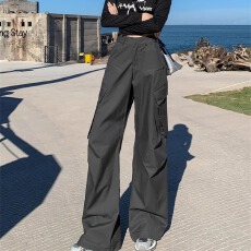 批发韩国<b class='q'>外贸</b> 秋季新款简约设计感灰色高腰直筒工装裤子女<b class='q'>大码</b>休闲裤