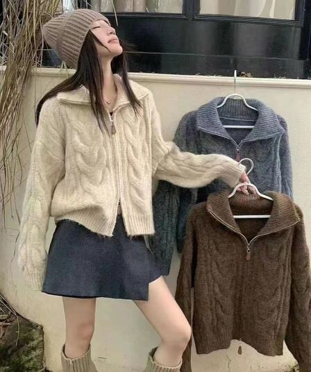 가을 새로운 레트로 느긋한 바람 분위기 센스 더블 지퍼 오픈 가디건 여성 루즈핏 슬림해 보이는 긴팔 쇼트 스타일 맨위 sz