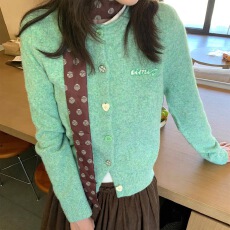 批发韩系少女混纺<b class='q'>复古</b>圆领针织开衫秋冬外套绿色毛衣女外搭FX