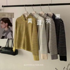 批发韩系设计感撞色条纹<b class='q'>真皮</b>拉链长袖毛衣女秋季显瘦百搭立领上衣WW