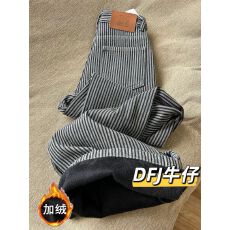 批发<b class='q'>秋</b>冬新款大码胖mm复古美式条纹阔腿加绒牛仔裤女宽松高腰直筒拖地