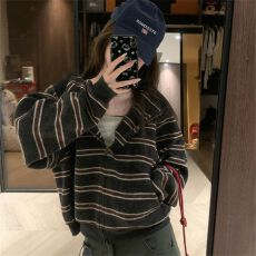 批发美式复古撞色条纹连帽拉链<b class='q'>毛衣</b>外套女秋季设计感小众针织开衫上衣