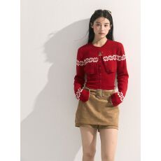 批发秋冬磨毛圣诞穿搭套装红色提花长袖针织<b class='q'>开衫</b><b class='q'>女</b>修身吊带背心两件套