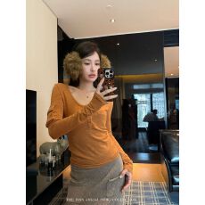 批发韩系<b class='q'>休闲</b>设计感修身打底上衣竹节棉磨毛U领贴袋内搭正肩长袖T恤女