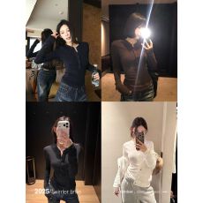 批发秋冬人棉磨毛交叠线条时髦设计感长袖修身针织衫女内搭打底上衣