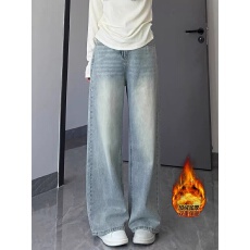批发韩系秋冬加绒直筒大码<b class='q'>牛仔裤</b><b class='q'>女</b>高腰宽松显瘦垂感百搭窄版阔腿<b class='q'>裤</b>