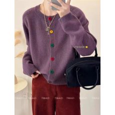 彩扣针织开衫女2026秋季时尚宽松单排扣圆领外套长袖软糯毛衣潮MY