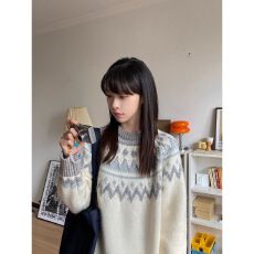 原版做工摩天轮提花费尔岛毛衣女2026秋冬慵懒风套头针织衫上衣