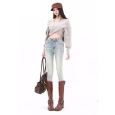 批发实拍 秋季新款封神系列清新浅蓝色磨毛<b class='q'>牛仔裤</b><b class='q'>弹力</b>加绒小脚靴裤