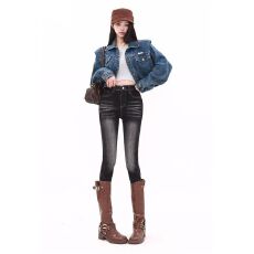 批发实拍 春季新款美式复古加绒铅笔<b class='q'>牛仔裤</b>高腰保暖<b class='q'>弹力</b>配靴子小脚裤