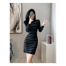批发小香风长袖条纹针织连衣裙女春季新款修身<b class='q'>包臀</b>裙圆领打底毛衣外穿
