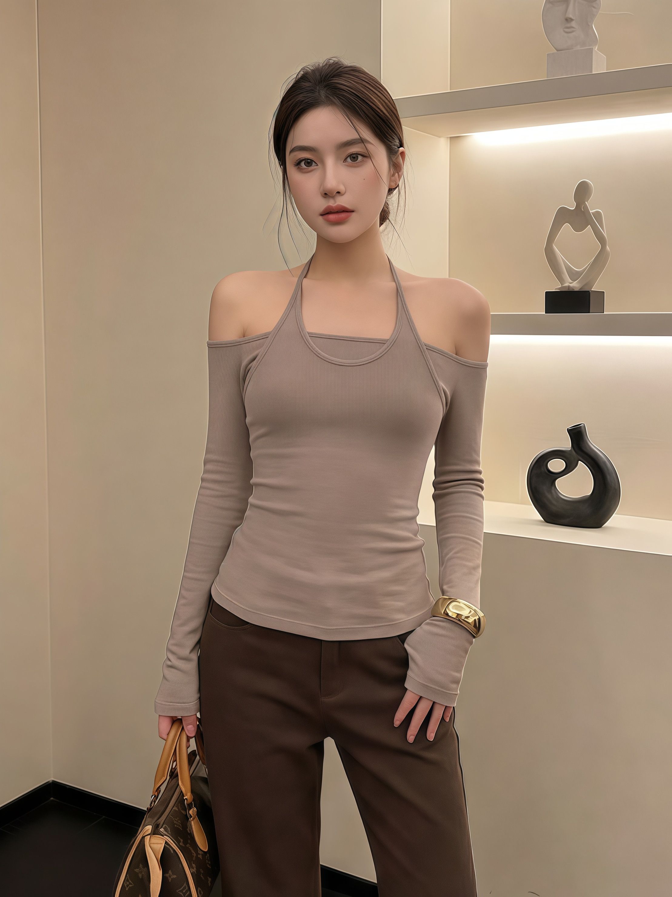 봄 여름 새로운 사람들 면 품격 페이크 레이어드 패치워크 보트넥 긴팔 티셔츠 여성 다용도 몸매 가꾸기 슬림해 보이는 맨위