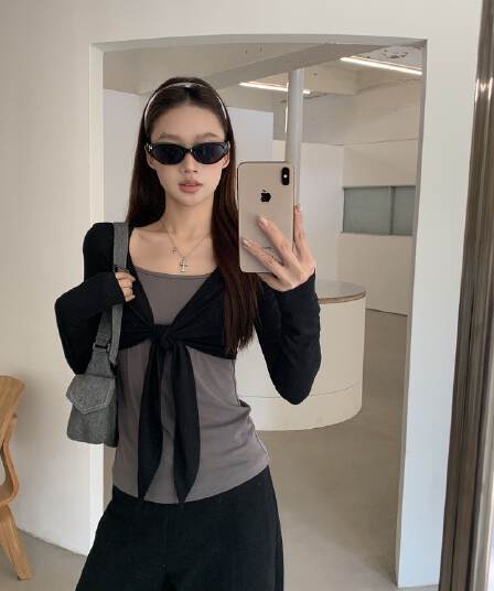 봄 여름 새로운 사람들 면 긴팔 티셔츠 여성 페이크 레이어드 몸매 가꾸기 한 부서 아름다운 그레이트 보기 맨위