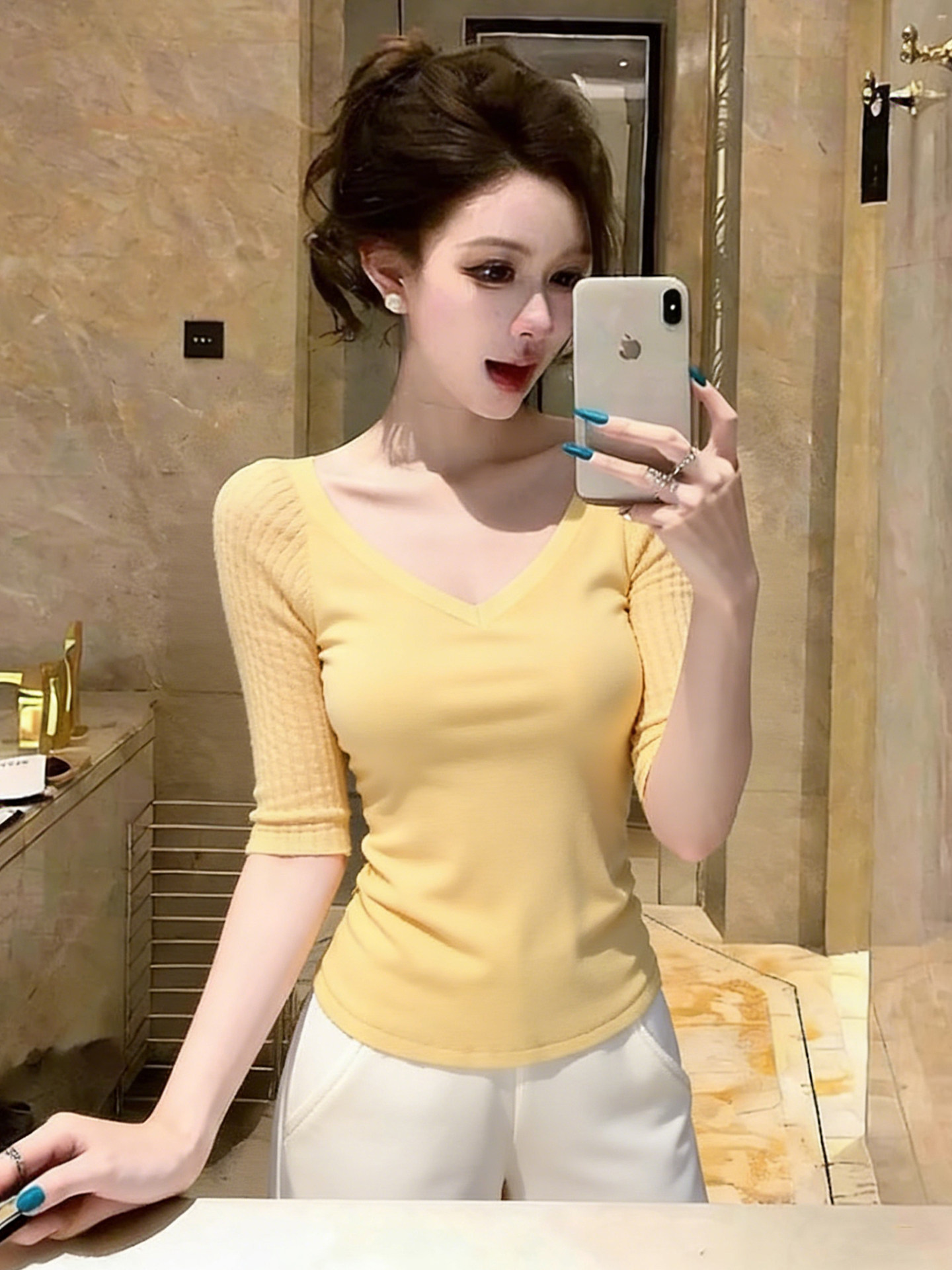 봄 여름 새로운 사람들 면 꽈배기 패치워크 중간 소매 복숭아 심장 고리 기본 셔츠 여성 몸매 가꾸기 슬림해 보이는 다용도 맨위