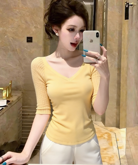 봄 여름 새로운 사람들 면 꽈배기 패치워크 중간 소매 복숭아 심장 고리 기본 셔츠 여성 몸매 가꾸기 슬림해 보이는 다용도 맨위