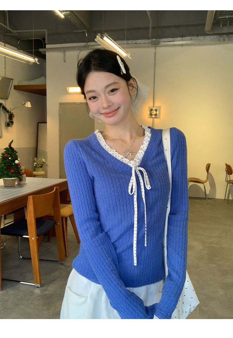 봄 여름 새로운 꽈배기 연령 감소 페이크 레이어드 V넥 도트 무늬 패치워크 니트 스웨터 여성 의류 작은 대중 새로운 Chic 맨위