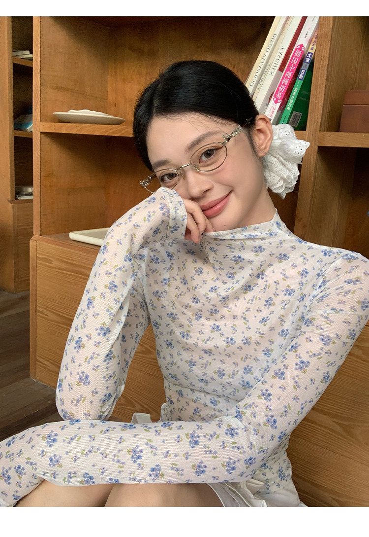 봄 여름 새로운 터틀넥 파란색 꽃무늬 긴팔 티셔츠 여성 한 부서 달콤함 프릴 마이크로 ~을 통해 기본 셔츠 맨위