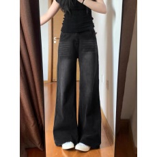 批发春夏新款黑灰色阔腿牛仔裤女高腰宽松显瘦梨形身材直筒拖地裤