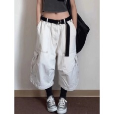 批发春夏新款美式复古大口袋阔腿短裤子女白色宽松显瘦<b class='q'>七分</b>牛仔裤潮