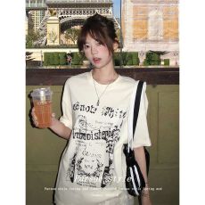 批发韩版美式重磅宽松<b class='q'>t</b><b class='q'>恤</b>女夏涂鸦印花慵懒风短袖休闲圆领百搭上衣