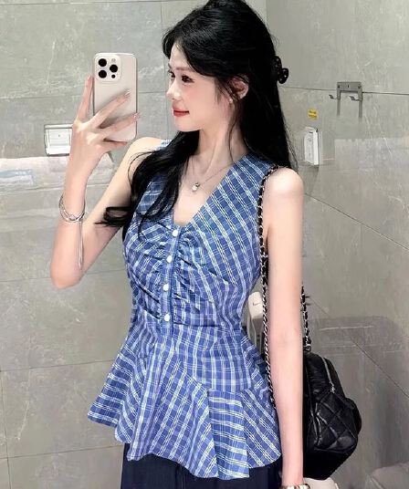 한 부서 행침 목 V넥 민소매 캐미솔 여름 새로운 디자인 센스 허리 수축 품격 격자 무늬 셔츠 맨위