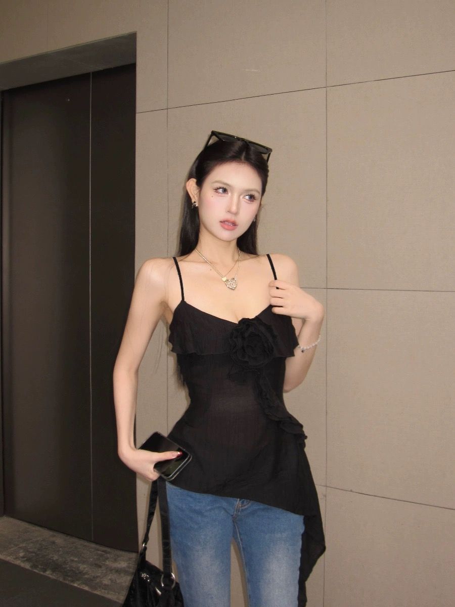 여름 새로운 허리 수축 슬림해 보이는 아름다운 행침 목 맨위 여성 달콤한 매운맛 바람 핑크색 꽃무늬 프릴 캐미솔