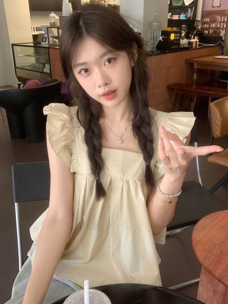 여름 새로운 달콤함 디자인 센스 작은 대중 프릴 Chic 작은 셔츠 나비 매듭 백리스 민소매 셔츠 맨위 여성