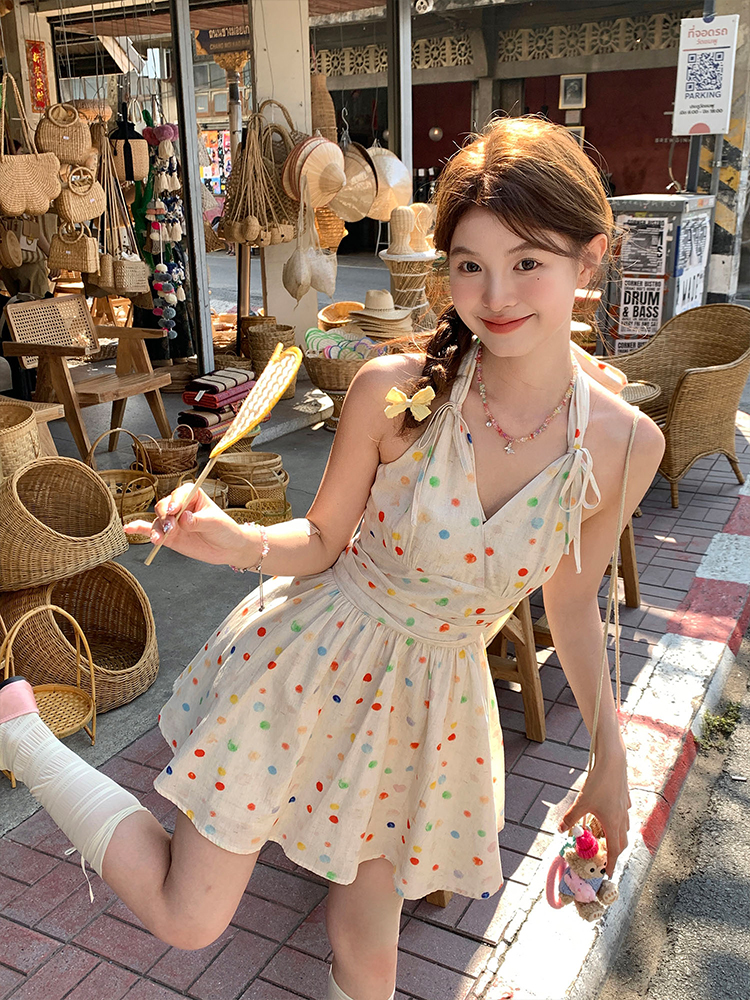 달콤한 스타일 무지개 도트 무늬 행침 목 슬립 드레스 여성 프랑스식 품격 허리 수축 슬림해 보이는 중간 길이 V넥 점프 슈트 치마