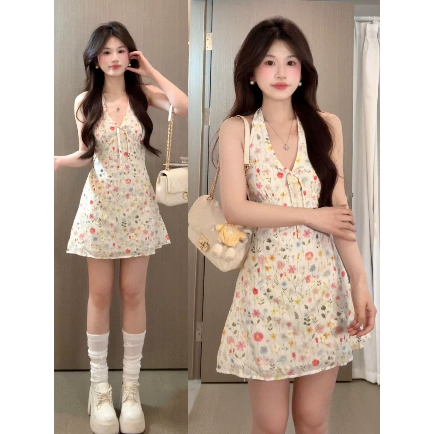 여름 새로운 품격 해변가 휴가 미니 스커트 프랑스식 화이트 민소매 행침 목 슬립 꽃무늬 드레스 아이들