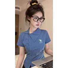 批发夏季新款韩系<b class='q'>学院风</b>蓝色格纹别致短袖胸前刺绣<b class='q'>衬衫</b>上衣女