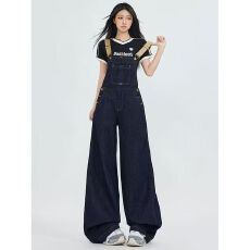 批发美式阔腿减龄牛仔背带裤女2026夏季新款深蓝高腰宽松直筒<b class='q'>连体</b>裤子
