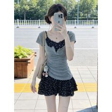 批发甜辣少女休闲<b class='q'>运动服</b>套装女夏季收腰短袖碎花吊带连衣裙两件套