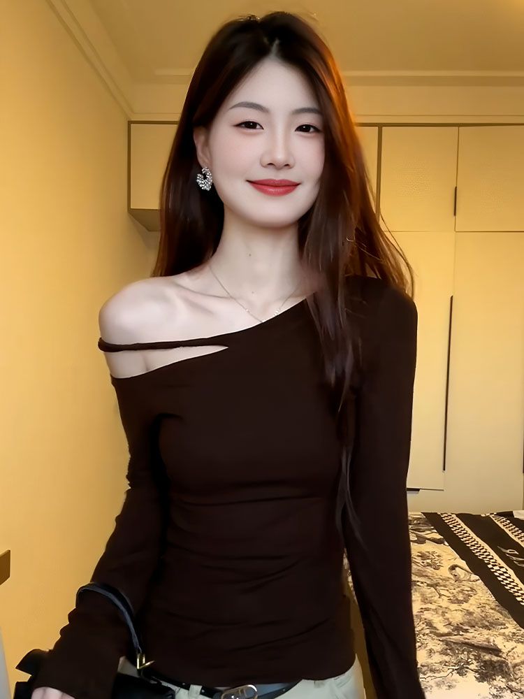 210 그램 40 좋은 면 1 1 아메리칸 핫걸 홀로우 아웃 긴팔 티셔츠 여성 봄 여름 인사이드 가져 가라. 몸매 가꾸기 쇄골 맨위